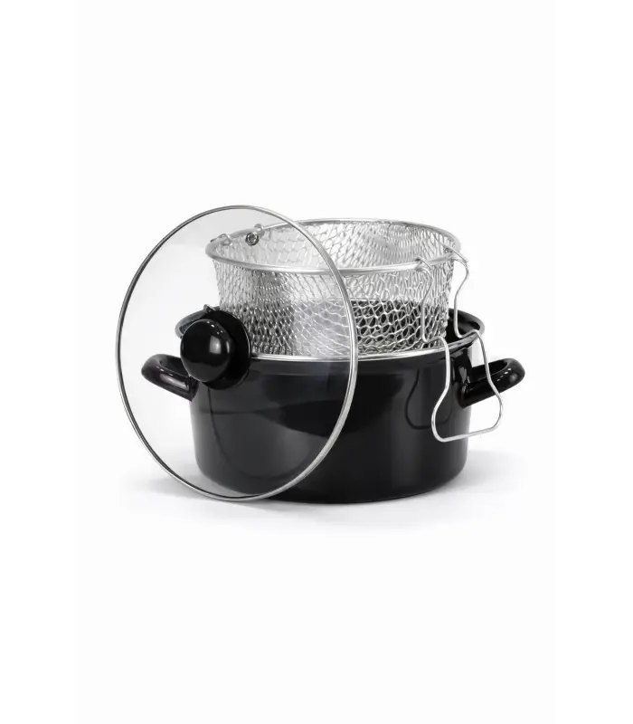 PR Home Emaye Cam Kapaklı Kızartma Tenceresi 24 cm Siyah