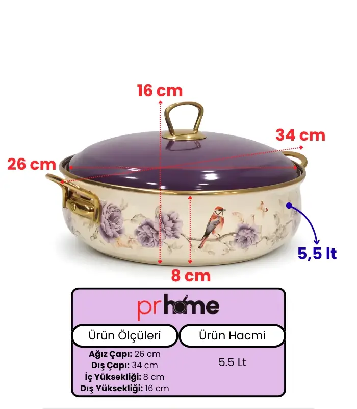PR Home Fiorella Derin Bombeli Emaye Karnıyarık Pilav Tenceresi 26 cm