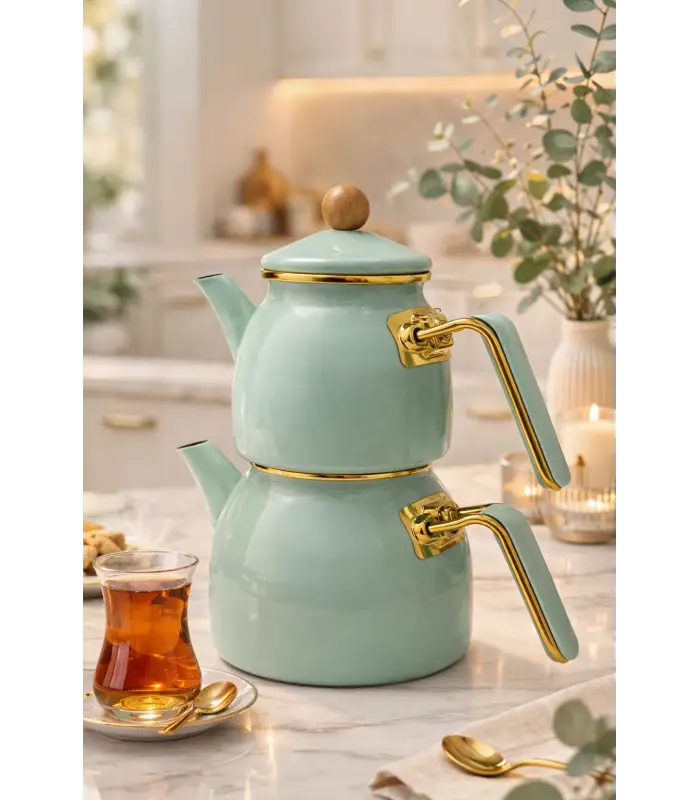 PR Home Soft Yeşil Rose Model Emaye Çaydanlık