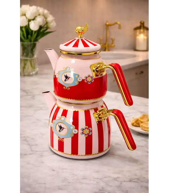 PR Home Alaria Kırmızı Rose Model Emaye Çaydanlık