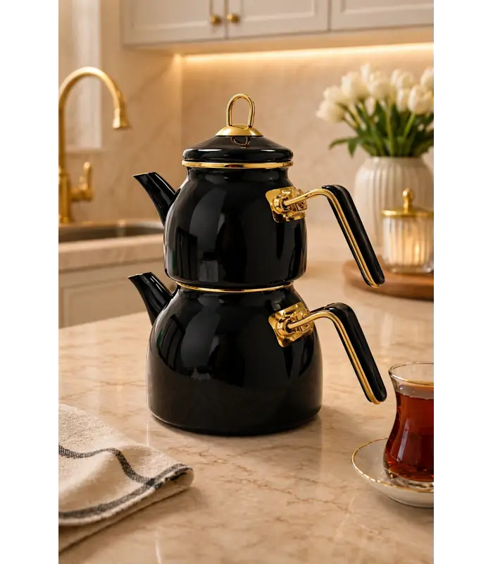 PR Home Siyah Rose Model Emaye Çaydanlık