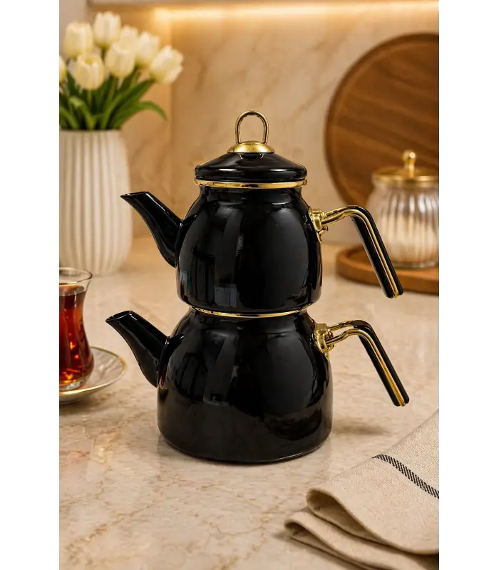 PR Home Siyah Rose Model Emaye Çaydanlık