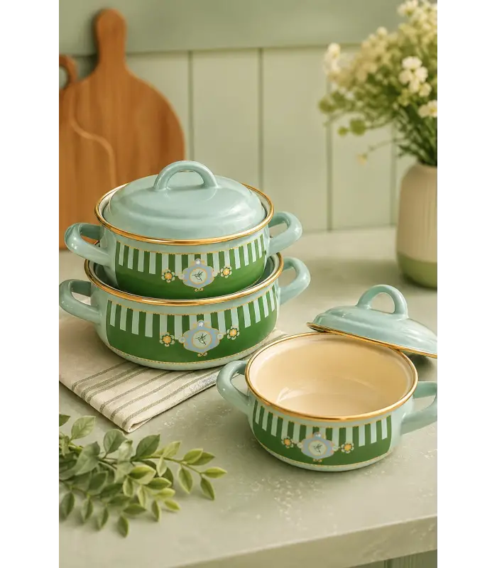 PR Home Alaria Yeşil Emaye Mini Tencere Seti 12-14-16 cm