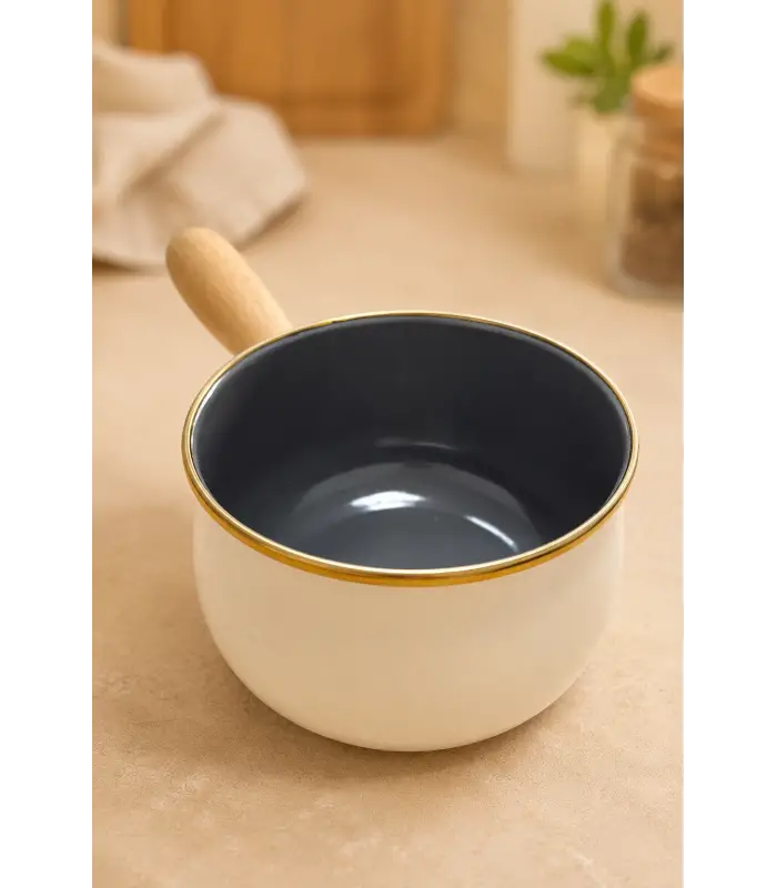 PR Home Krem Emaye Ahşap Saplı Haşlama ve Sos Tavası 14 cm Bombeli
