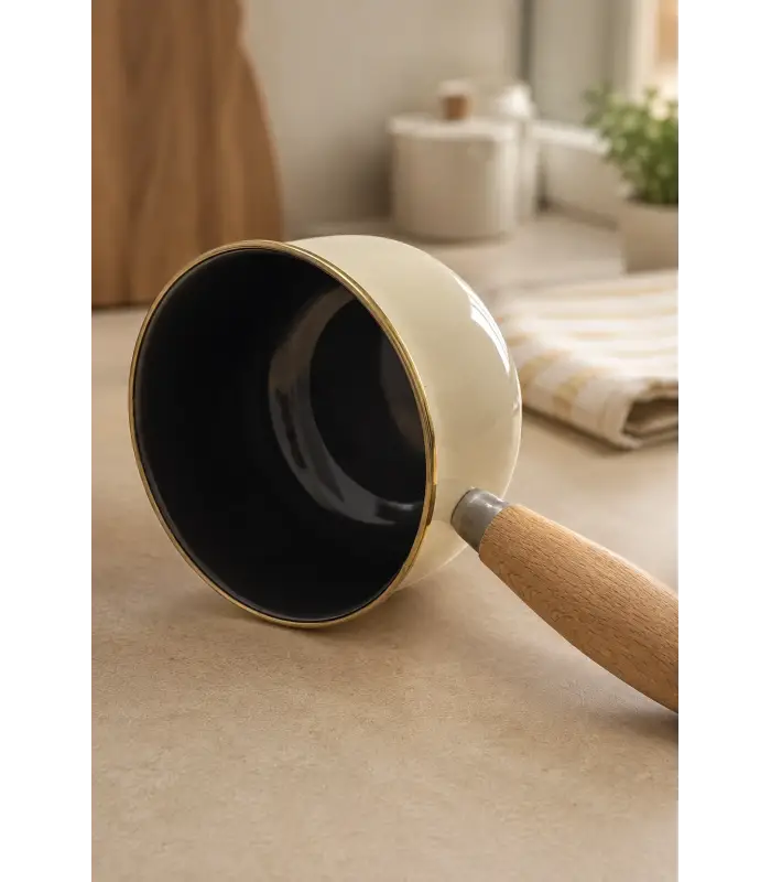PR Home Krem Emaye Ahşap Saplı Haşlama ve Sos Tavası 14 cm Bombeli