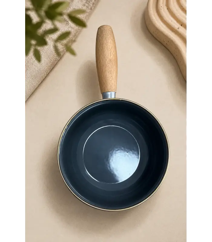 PR Home Krem Emaye Ahşap Saplı Haşlama ve Sos Tavası 14 cm Bombeli