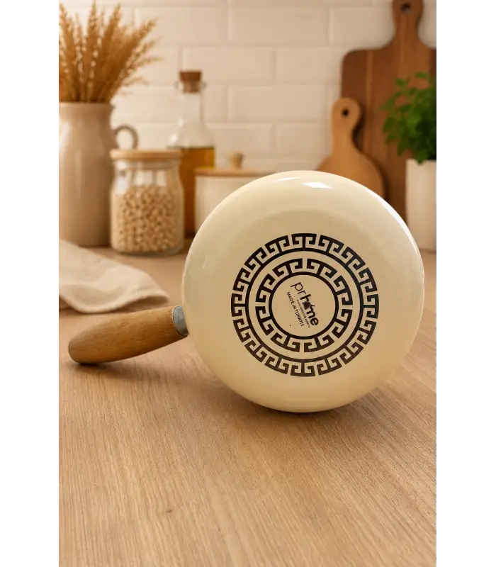 PR Home Krem Emaye Ahşap Saplı Haşlama ve Sos Tavası 14 cm Bombeli