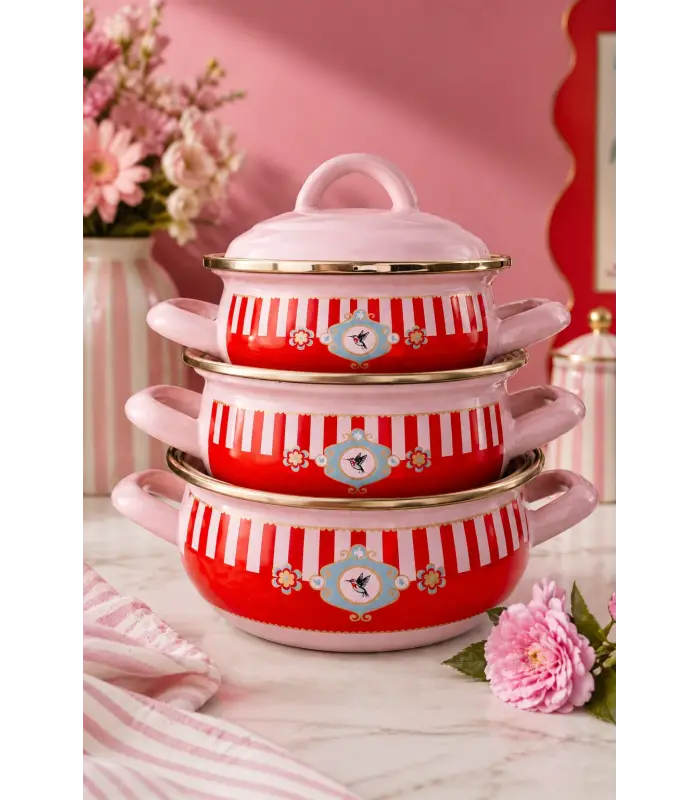 PR Home Alaria Pembe Emaye Mini Tencere Seti 12-14-16 cm