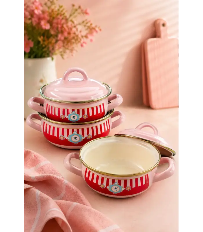 PR Home Alaria Pembe Emaye Mini Tencere Seti 12-14-16 cm