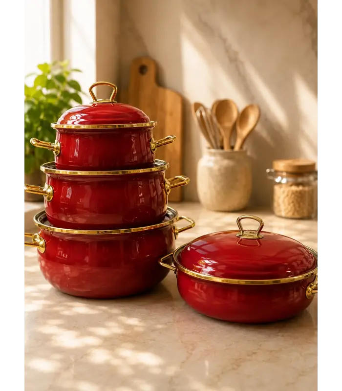 PR Home Bordo Derin Bombeli Emaye Tencere Seti 16 - 20 -24 - 26 cm Tencere Seti