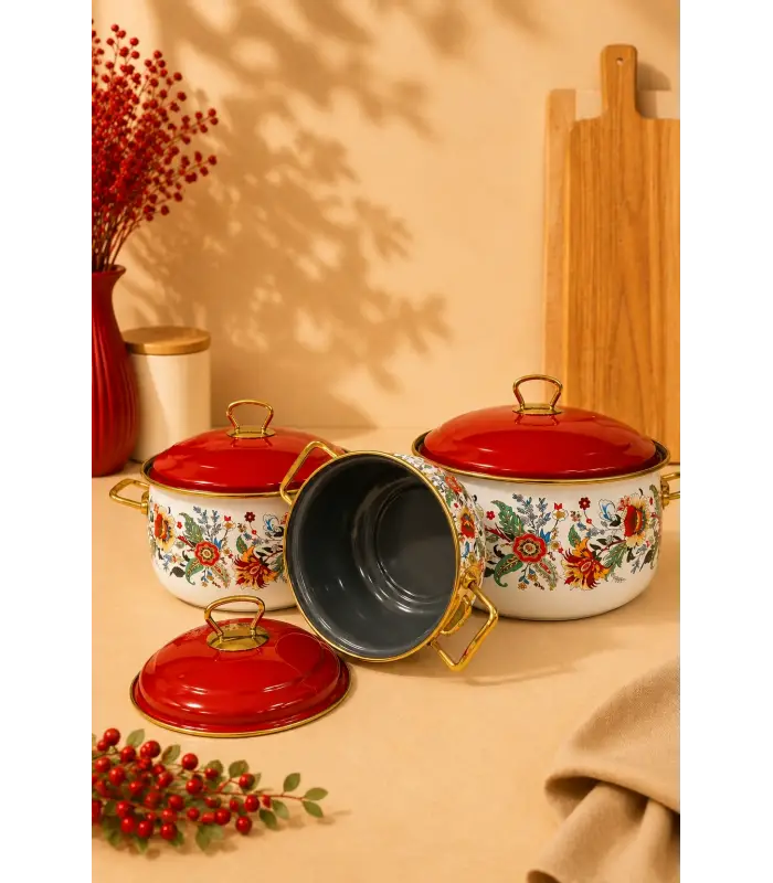 PR Home Magnolia Derin Bombeli Emaye Tencere Seti 16-20-24 cm
