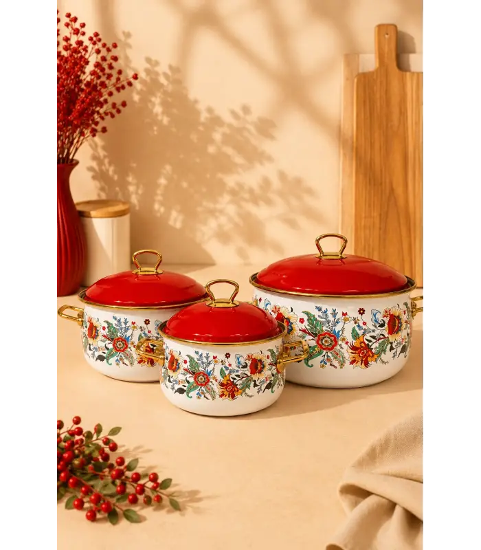 PR Home Magnolia Derin Bombeli Emaye Tencere Seti 16-20-24 cm
