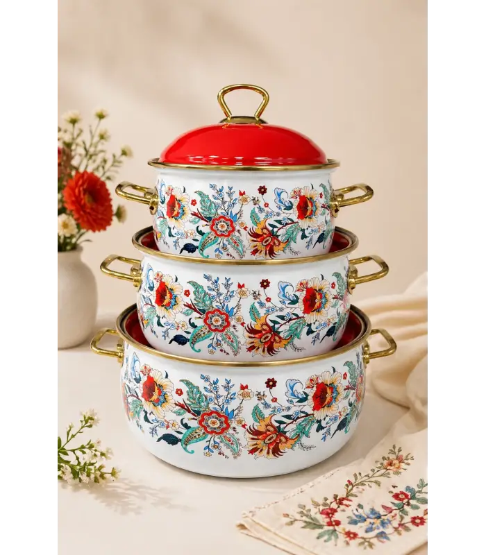 PR Home Magnolia Derin Bombeli Emaye Tencere Seti 16-20-24 cm