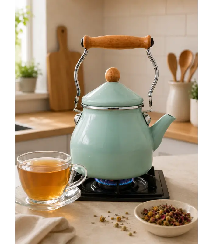 PR Home Soft Yeşil Emaye Demlik Kettle Büyük 2.1 LT