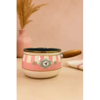 PR Home Alaria Pembe Emaye Ahşap Saplı Haşlama ve Sos Tavası 14 cm Bombeli