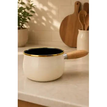 PR Home Krem Emaye Ahşap Saplı Haşlama ve Sos Tavası 14 cm Bombeli