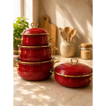PR Home Bordo Derin Bombeli Emaye Tencere Seti 16 - 20 -24 - 26 cm Tencere Seti
