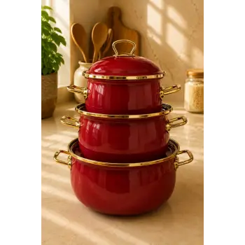 PR Home Bordo Derin Bombeli Emaye Tencere Seti 16-20-24 cm