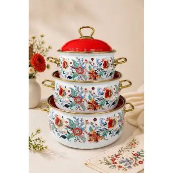 PR Home Magnolia Derin Bombeli Emaye Tencere Seti 16-20-24 cm
