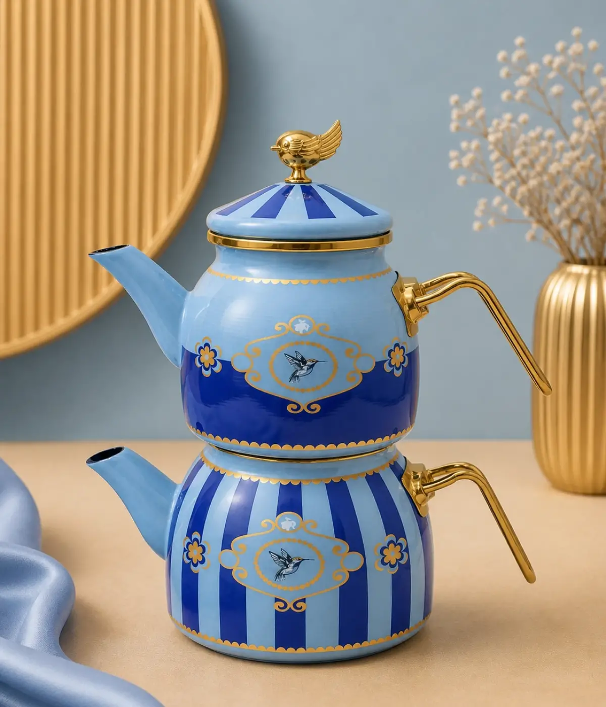 PR Home Alaria Mavi Rose Model Emaye Çaydanlık