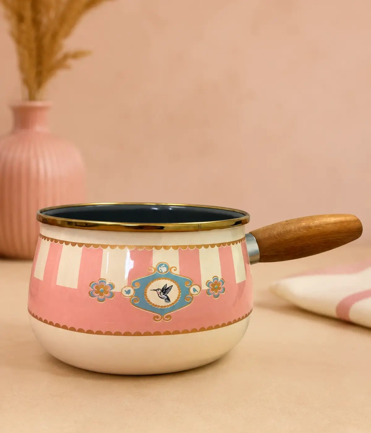 PR Home Alaria Pembe Emaye Ahşap Saplı Haşlama ve Sos Tavası 14 cm Bombeli