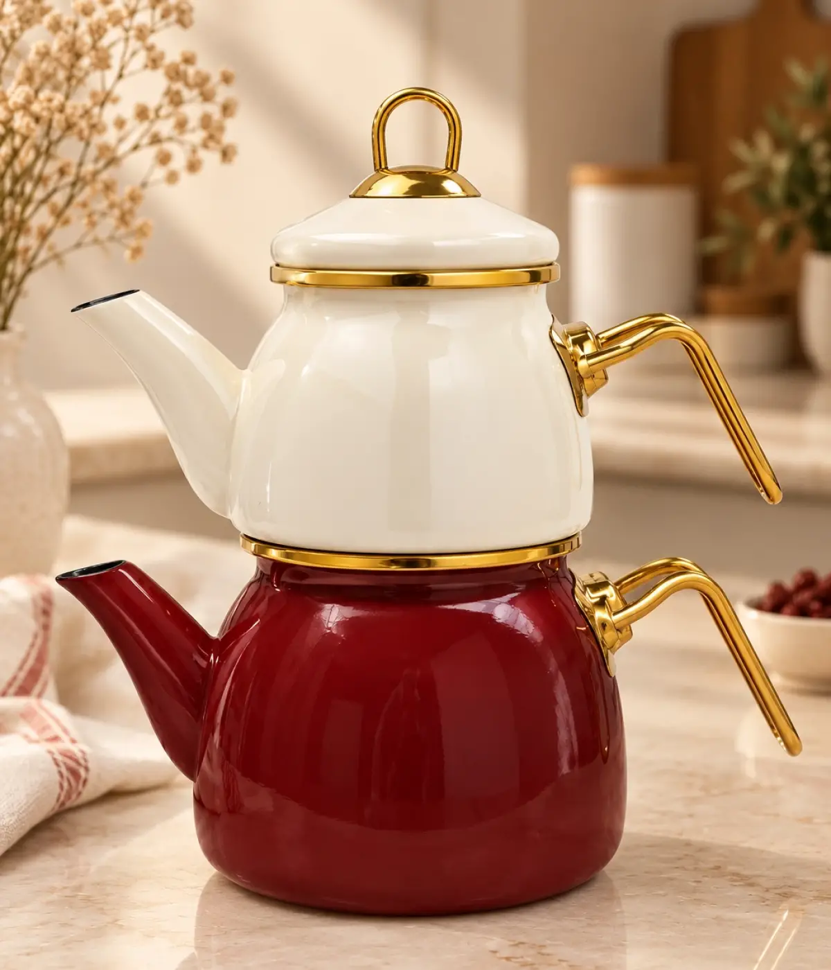 Bordo-Krem Mini Model Emaye Çaydanlık