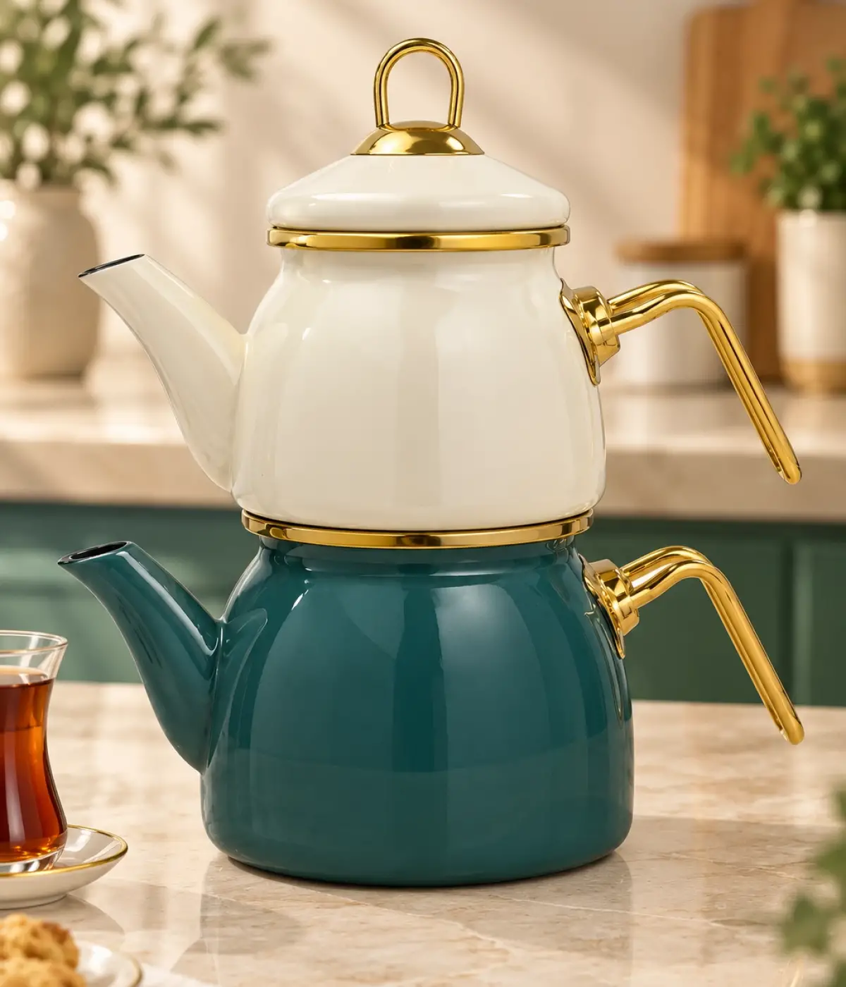 Petrol Yeşili-Krem Mini Model Emaye Çaydanlık