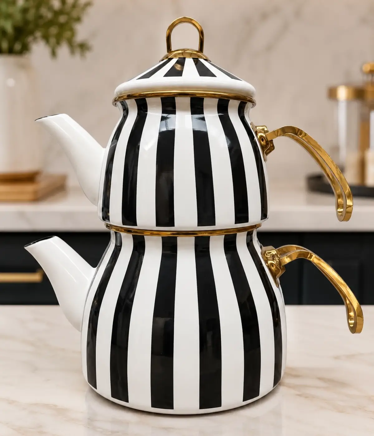 Çizgili Dekor Gold Model Emaye Çaydanlık