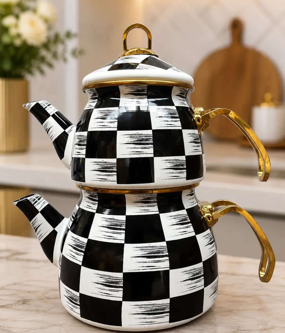 Dama Dekor Gold Model Emaye Çaydanlık