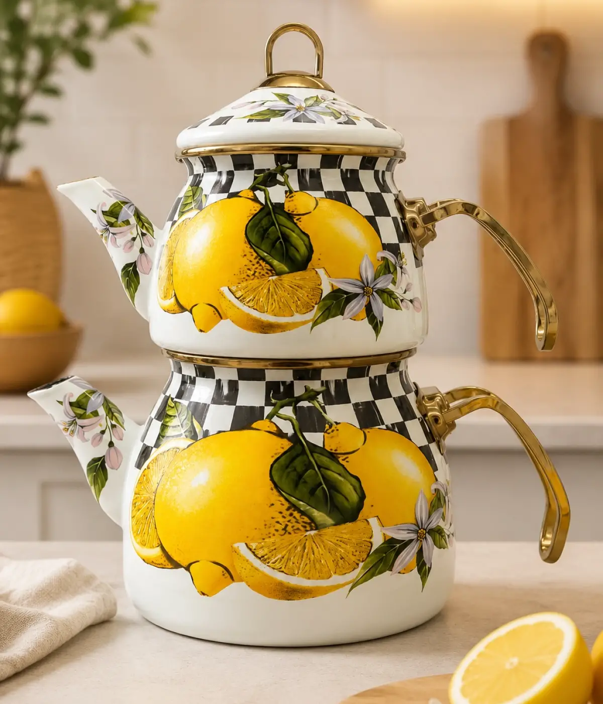 Limon Dekor Gold Model Emaye Çaydanlık