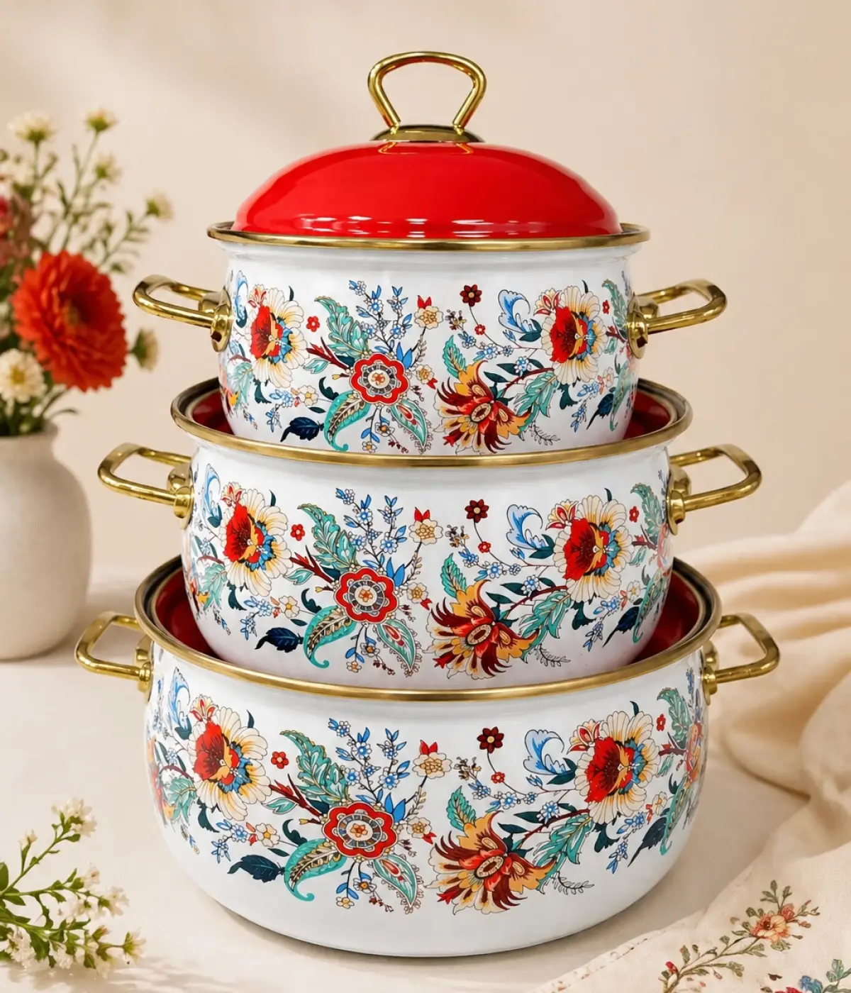 PR Home Magnolia Derin Bombeli Emaye Tencere Seti 16-20-24 cm