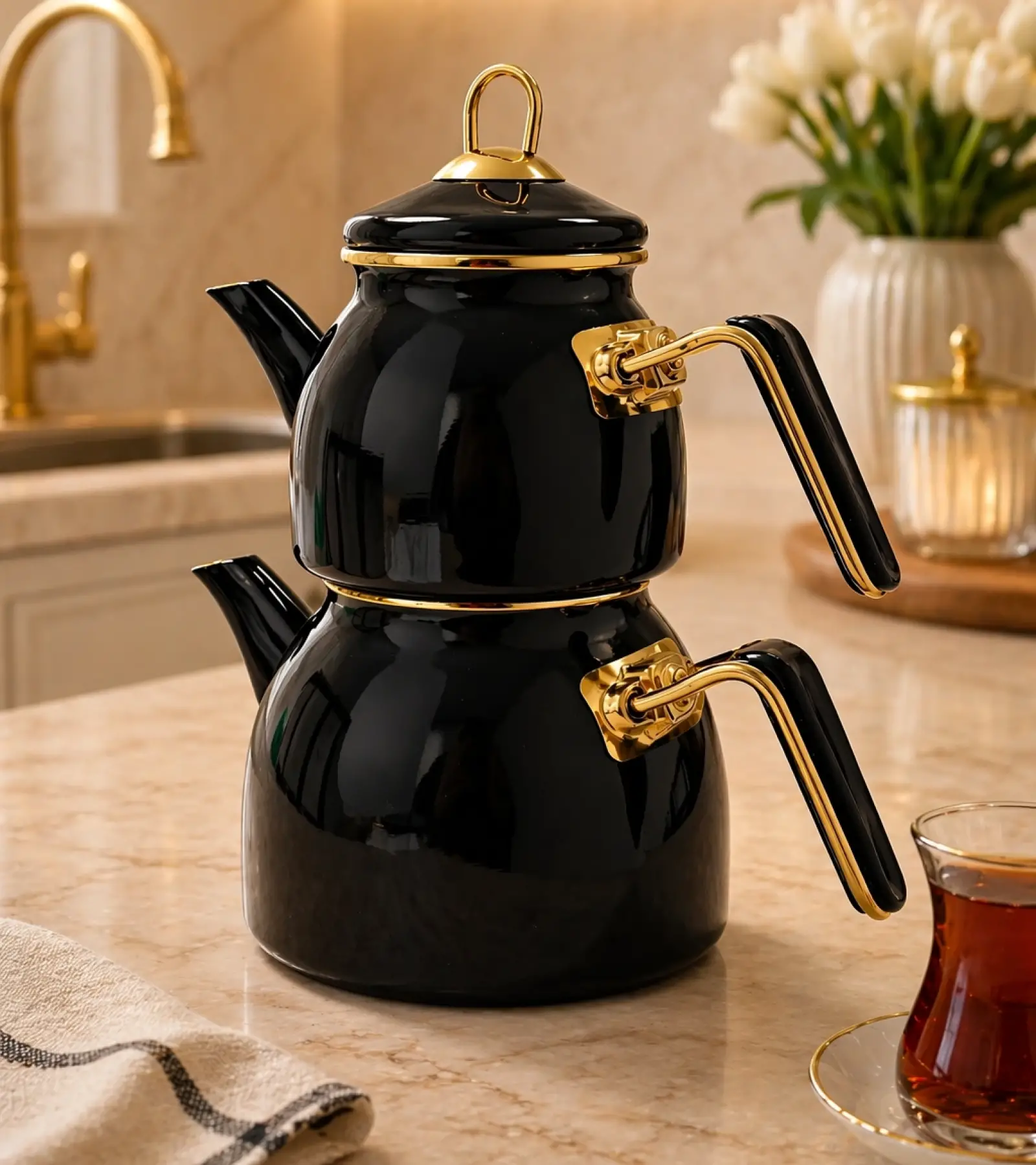 PR Home Siyah Rose Model Emaye Çaydanlık