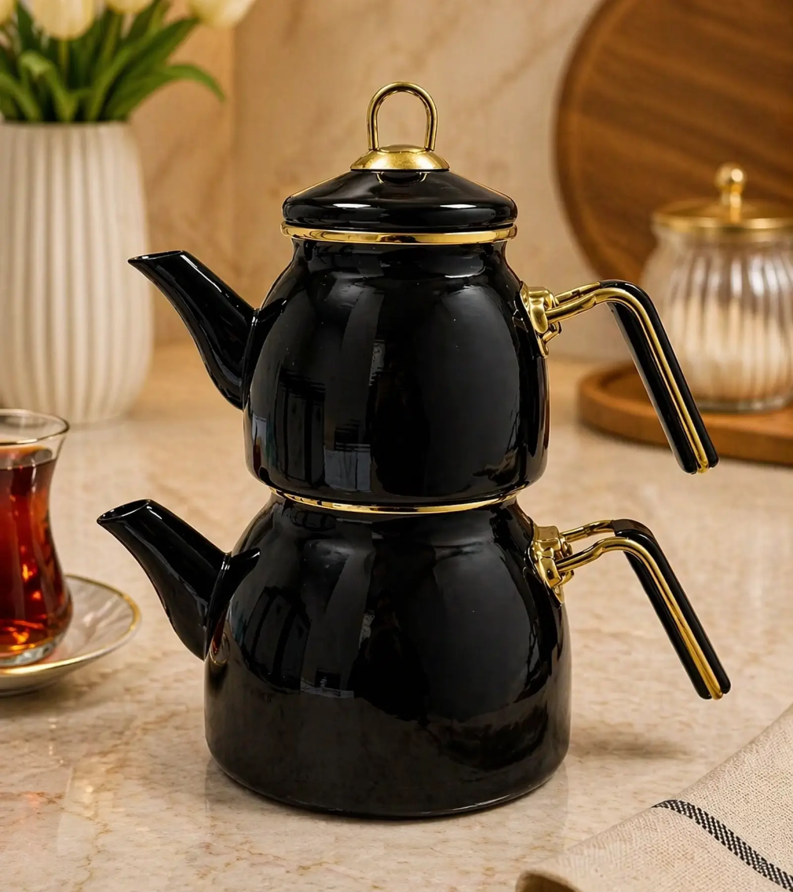 PR Home Siyah Rose Model Emaye Çaydanlık