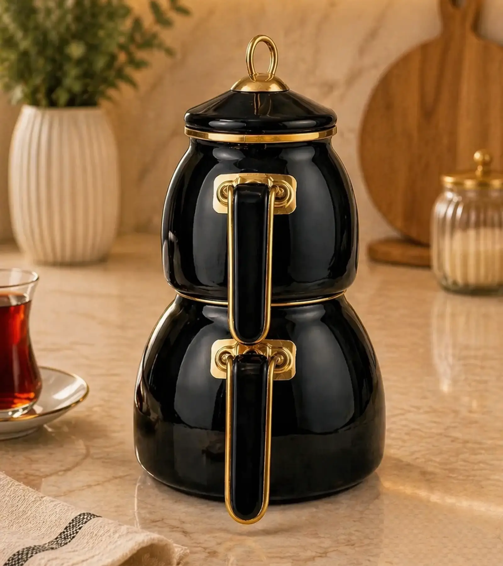 PR Home Siyah Rose Model Emaye Çaydanlık