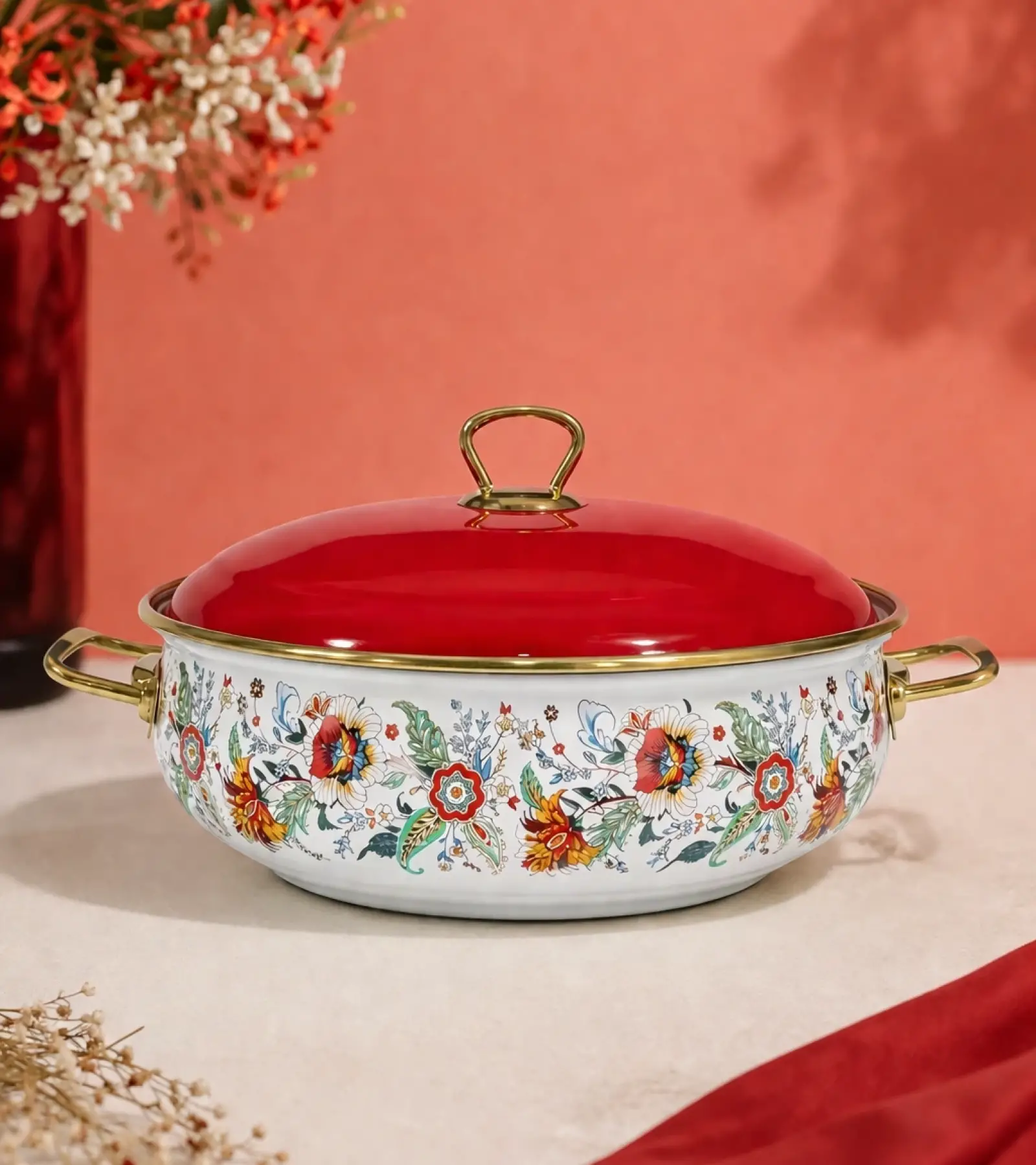 PR Home Magnolia Derin Bombeli Emaye Karnıyarık Pilav Tenceresi 26 cm