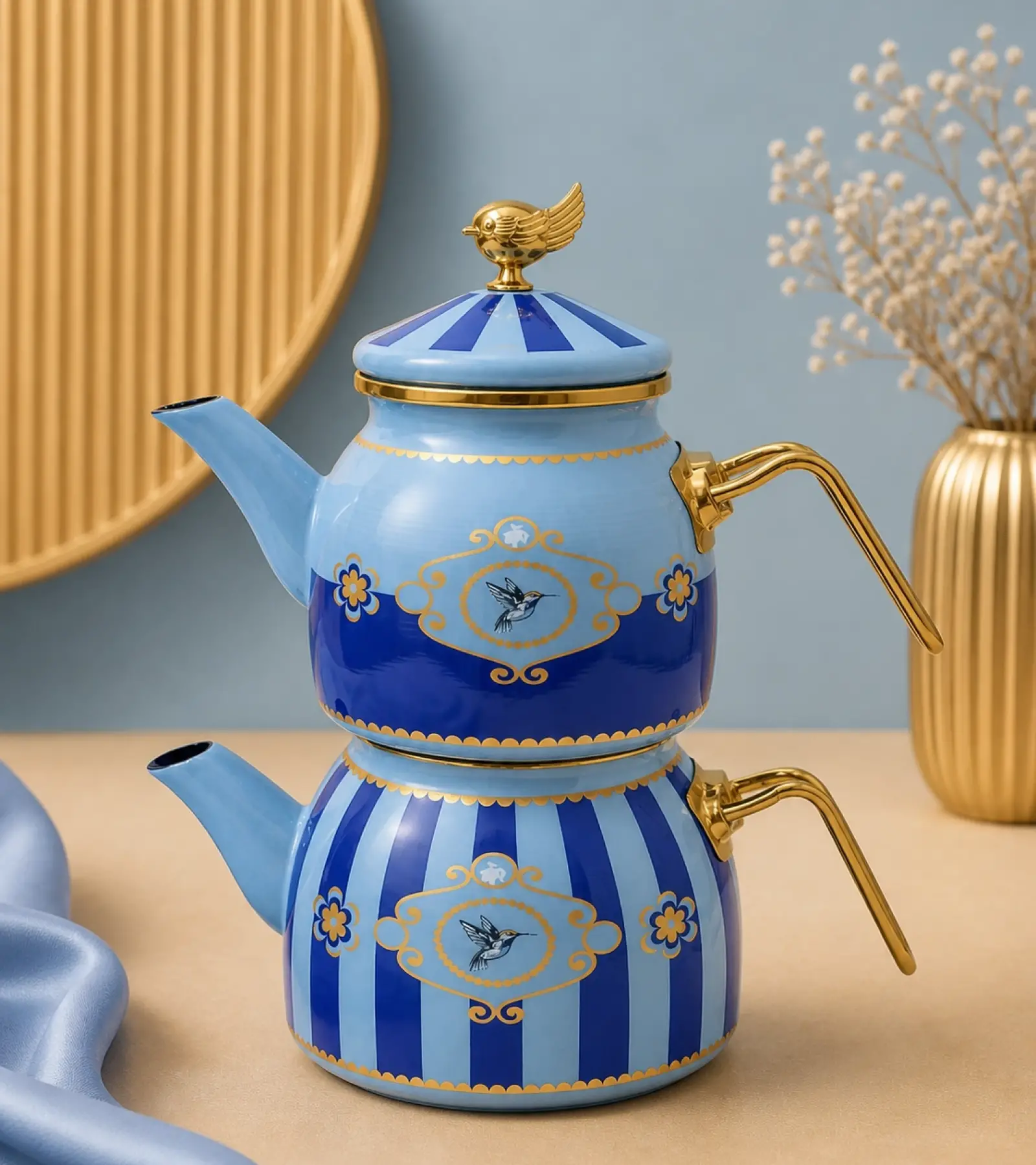 PR Home Alaria Mavi Rose Model Emaye Çaydanlık