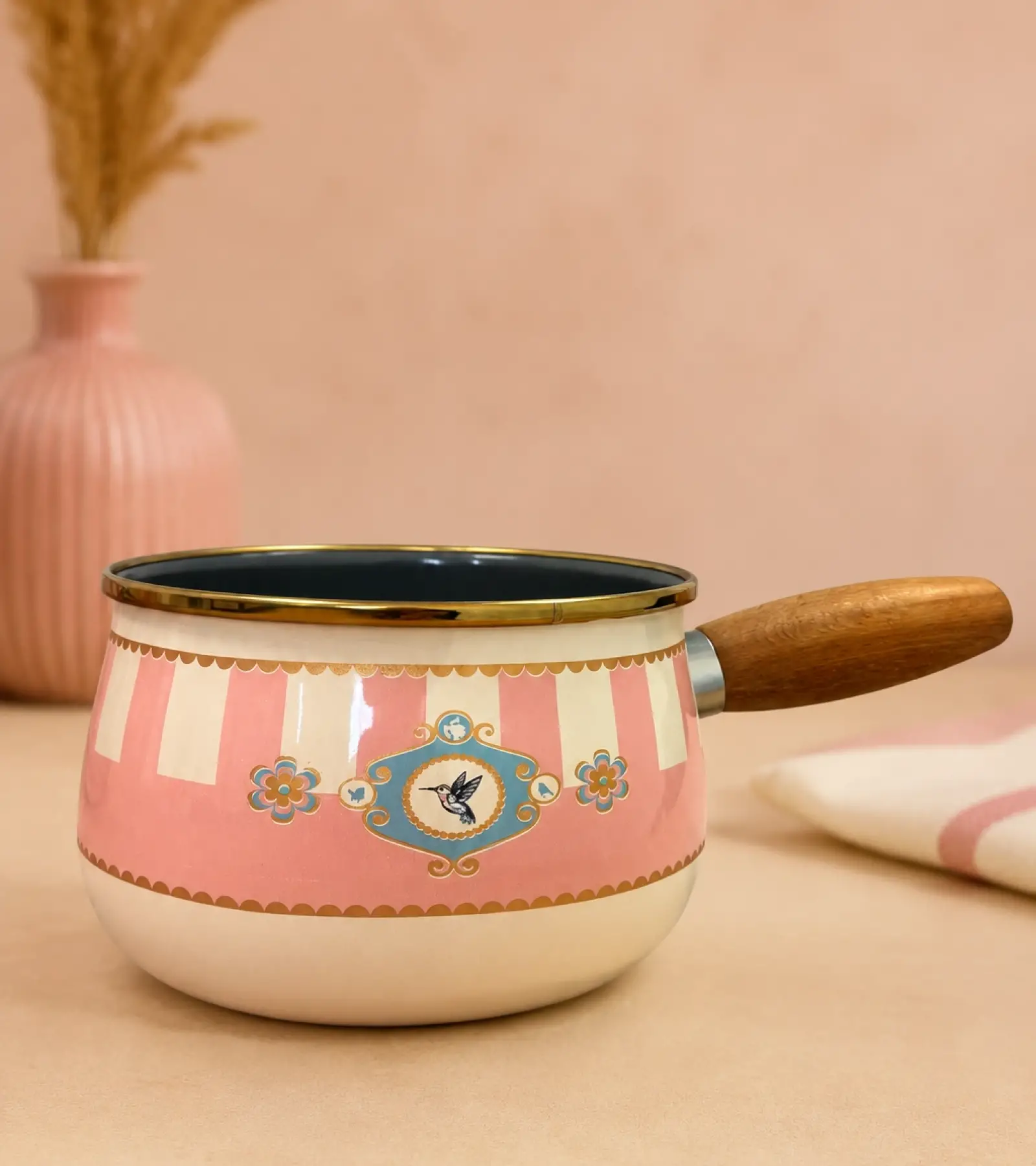 PR Home Alaria Pembe Emaye Ahşap Saplı Haşlama ve Sos Tavası 14 cm Bombeli
