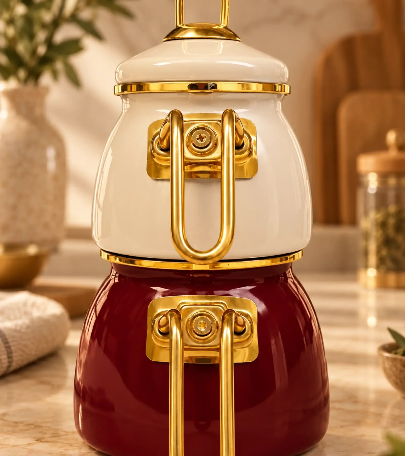 Bordo-Krem Mini Model Emaye Çaydanlık