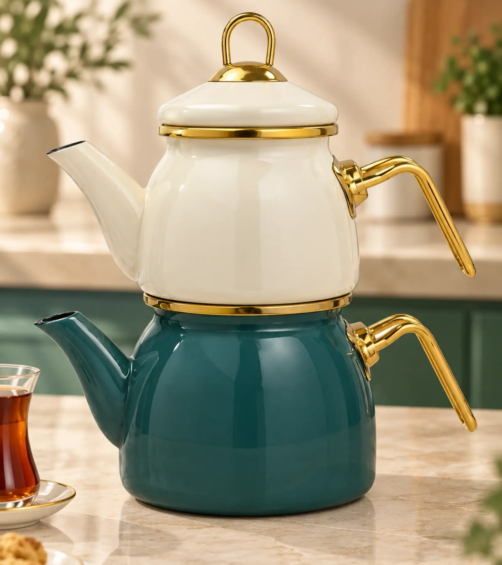 Petrol Yeşili-Krem Mini Model Emaye Çaydanlık