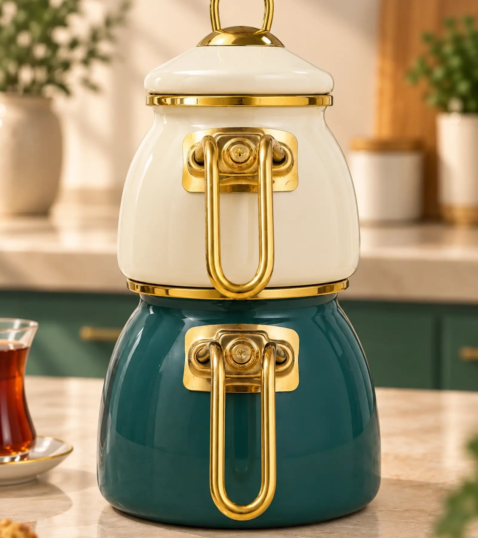 Petrol Yeşili-Krem Mini Model Emaye Çaydanlık