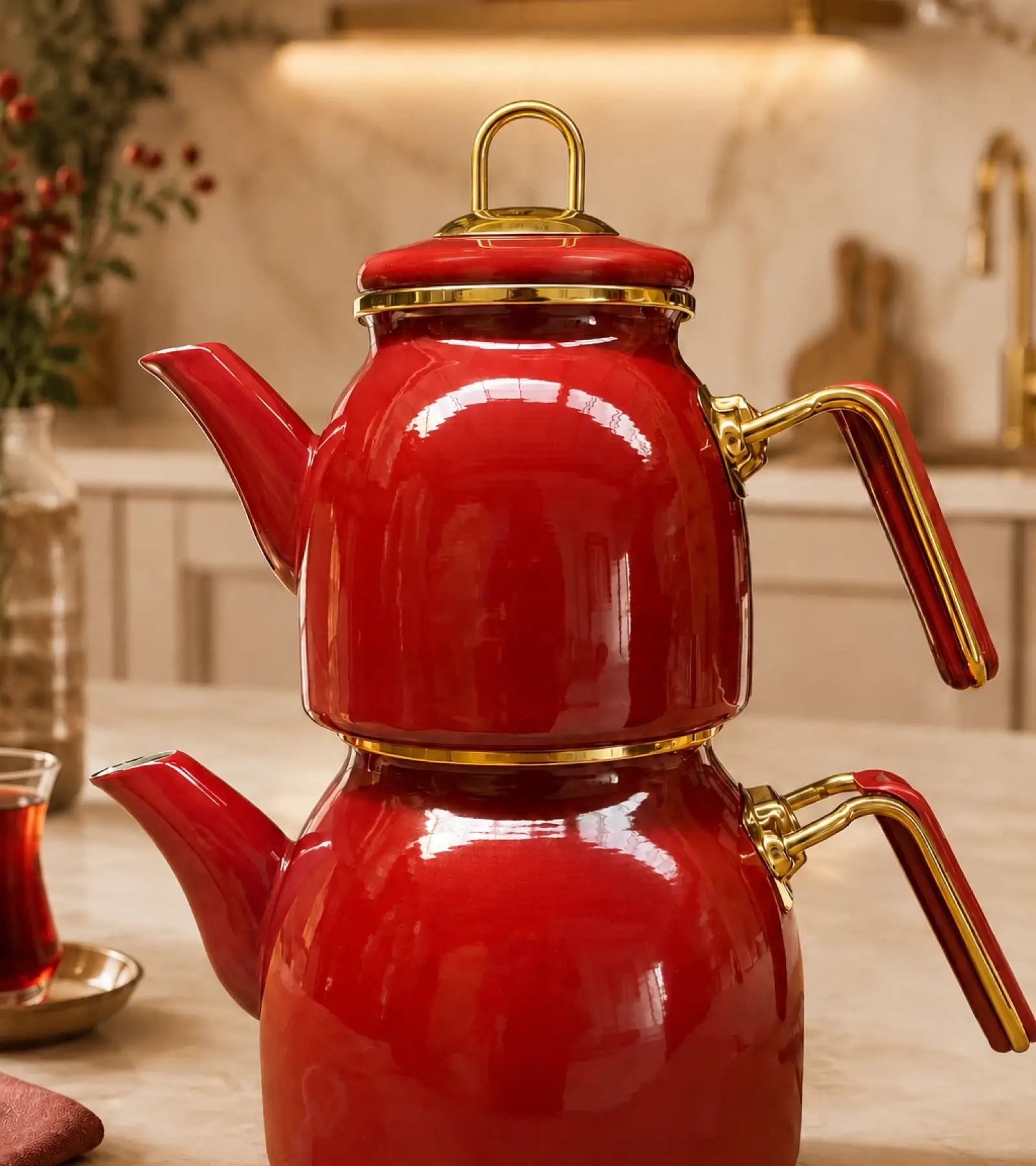 PR Home Bordo Rose Model Emaye Çaydanlık