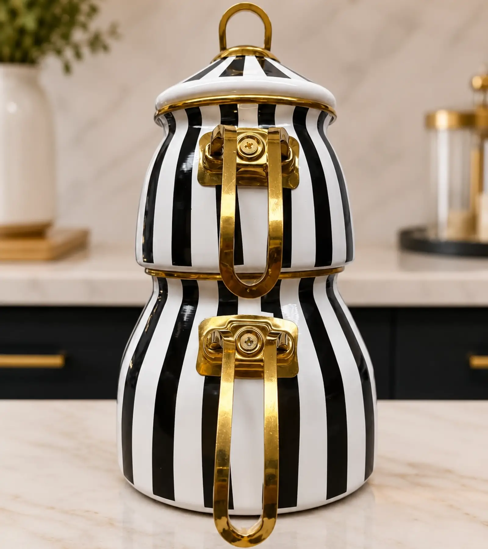Çizgili Dekor Gold Model Emaye Çaydanlık