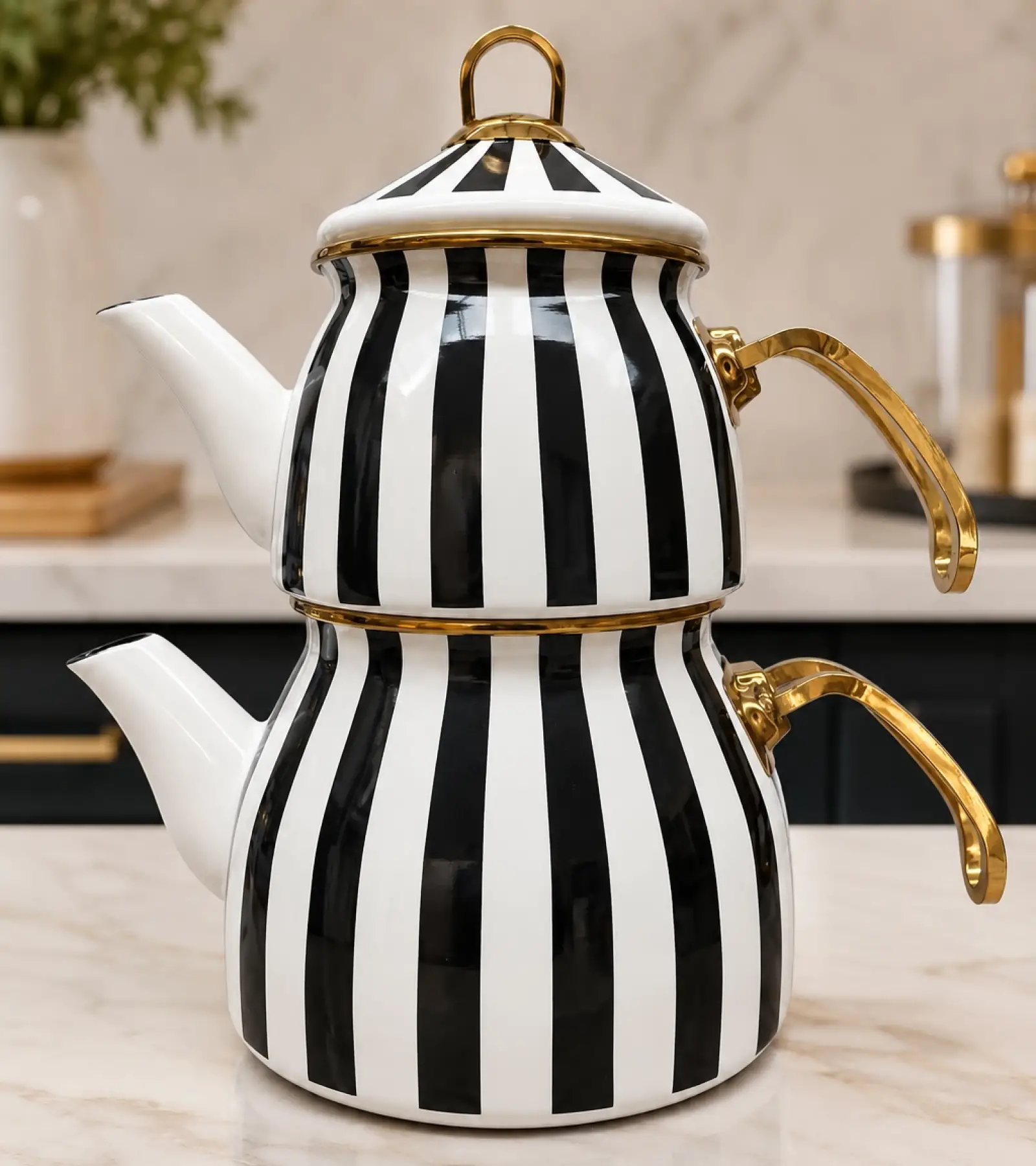 Çizgili Dekor Gold Model Emaye Çaydanlık