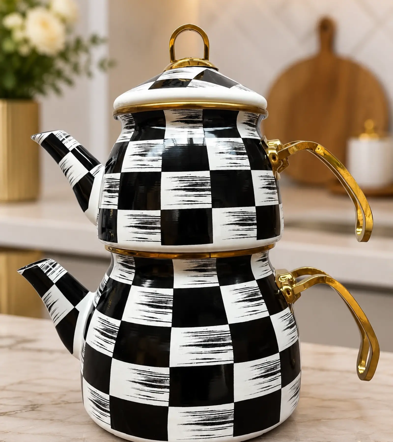Dama Dekor Gold Model Emaye Çaydanlık