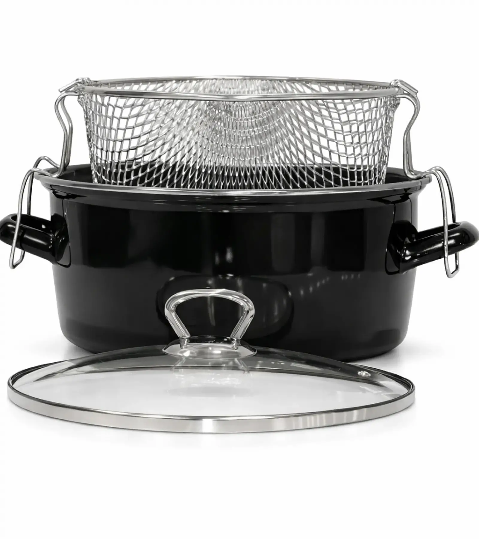 PR Home Emaye Cam Kapaklı Kızartma Tenceresi 24 cm Siyah Krom Tepeli