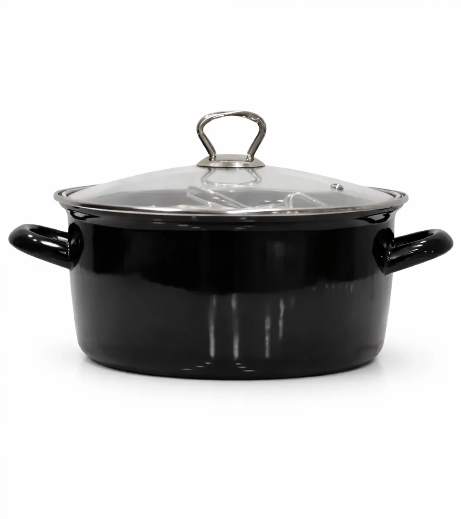 PR Home Emaye Cam Kapaklı Kızartma Tenceresi 24 cm Siyah Krom Tepeli