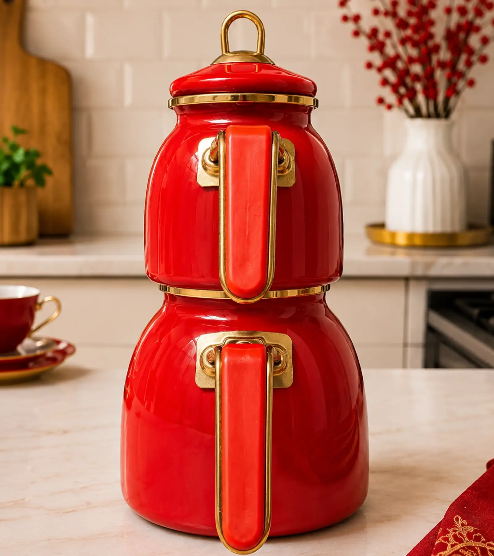 PR Home Kırmızı Rose Model Emaye Çaydanlık