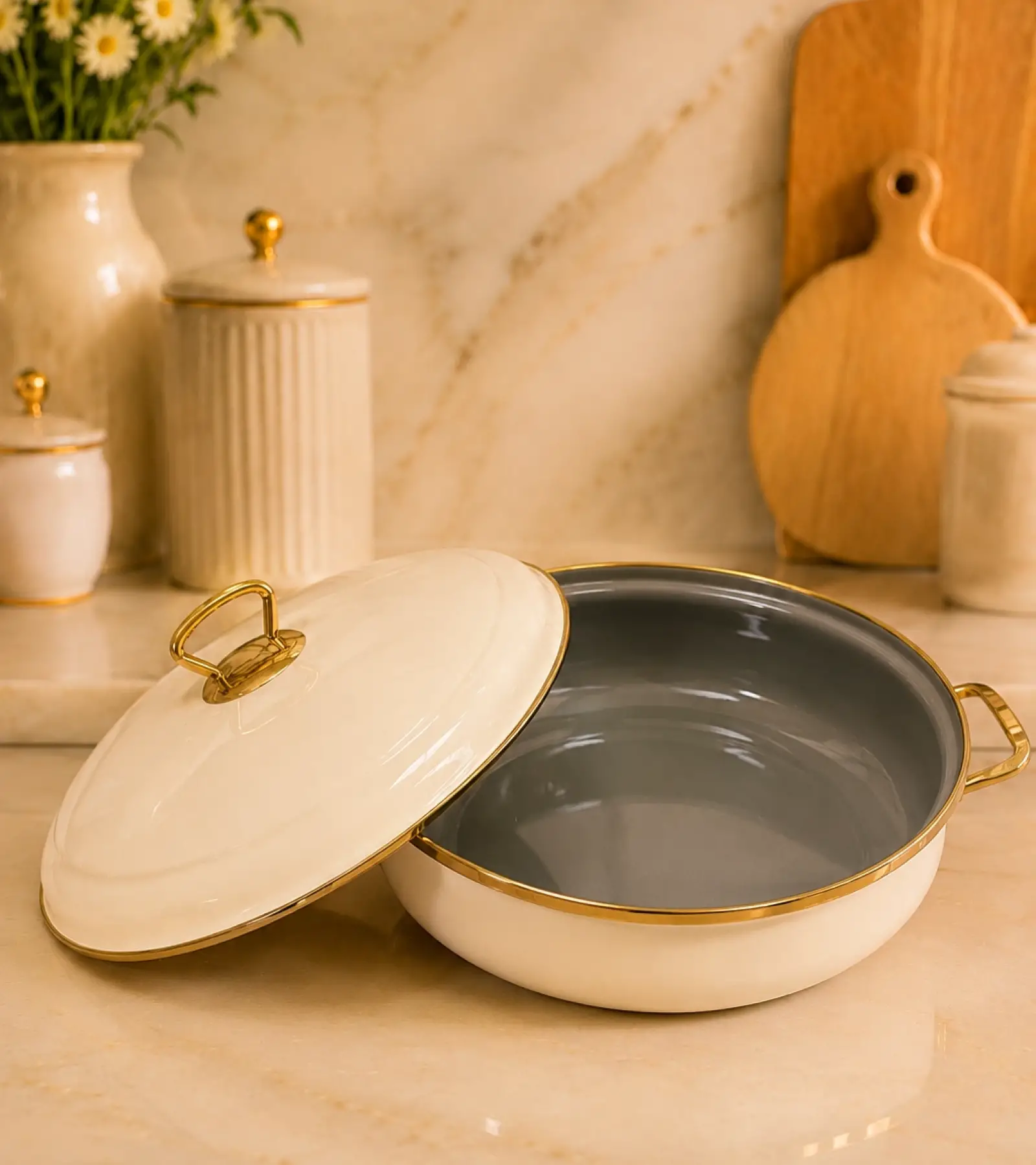 PR Home Krem Derin Bombeli Emaye Karnıyarık Pilav Tenceresi 26 cm