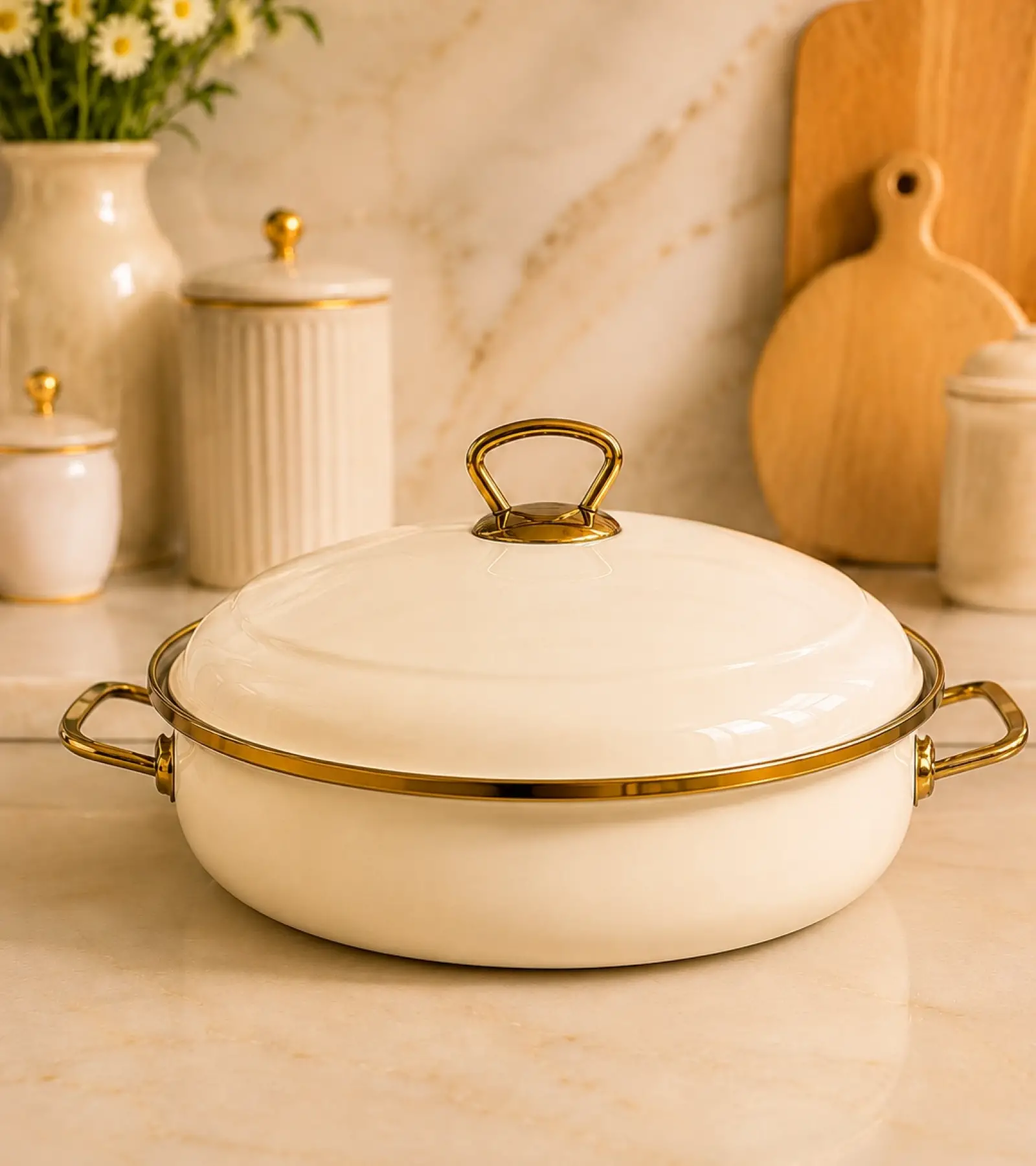 PR Home Krem Derin Bombeli Emaye Karnıyarık Pilav Tenceresi 26 cm