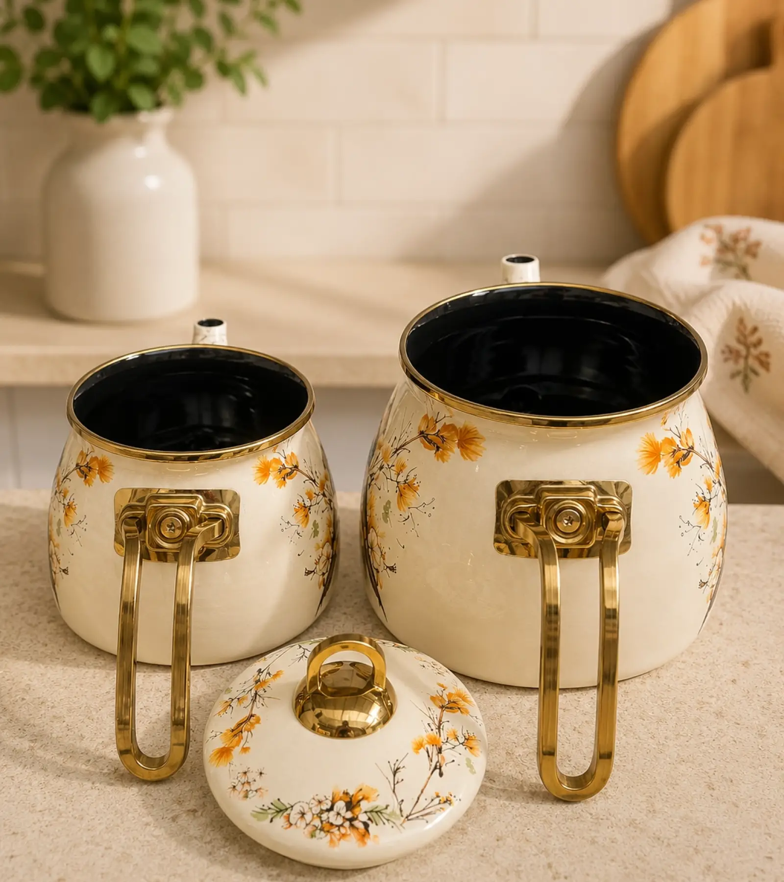 Kuş Dekor Gold Model Emaye Çaydanlık